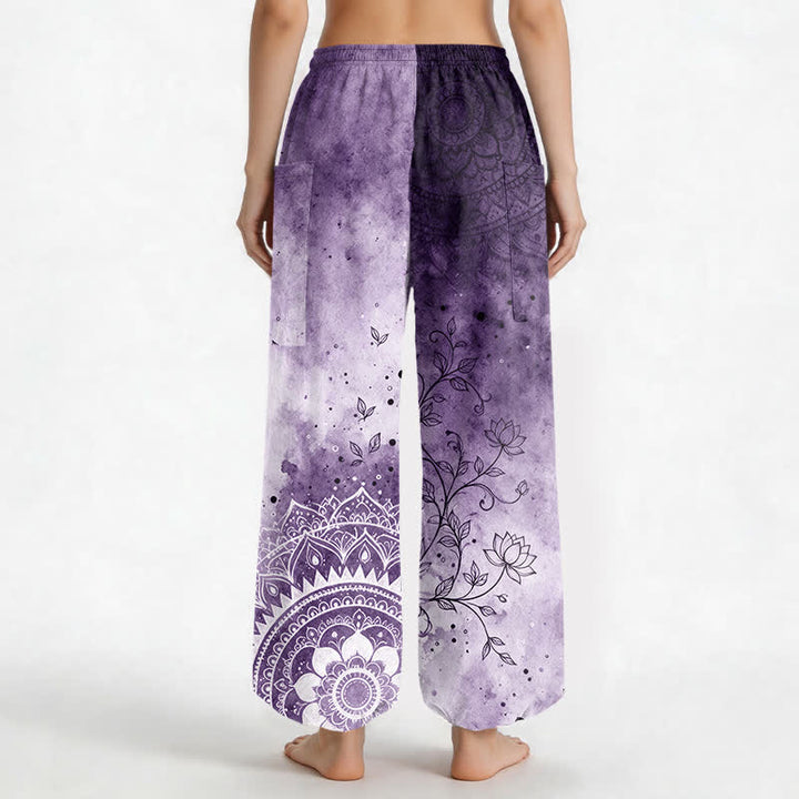 Buddha Stones Pantaloni harem da donna in cotone con stampa mandala sfumata effetto acquerello e motivo loto, vita elasticizzata e tasche laterali. - image 12