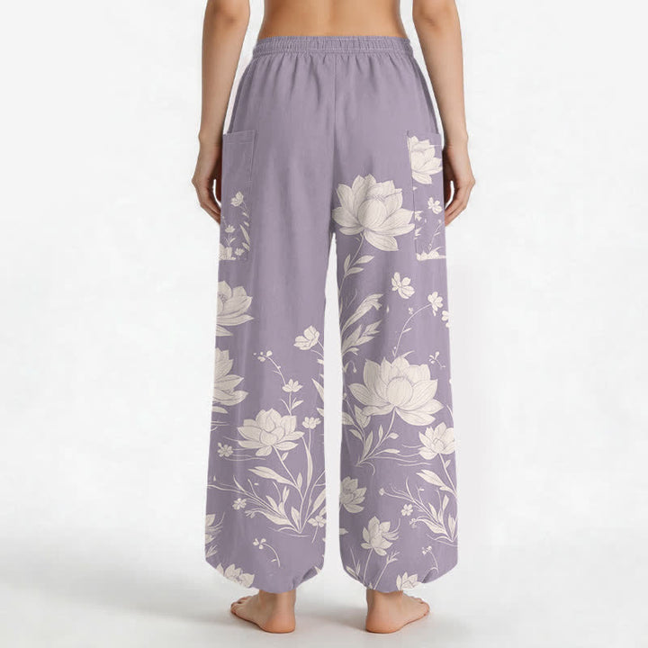 Buddha Stones Pantaloni harem da donna in cotone con motivo vintage a fiori di loto, vita elasticizzata e tasche laterali. - image 2
