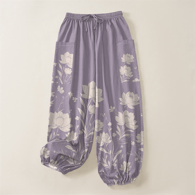 Buddha Stones Pantaloni harem da donna in cotone con motivo vintage a fiori di loto, vita elasticizzata e tasche laterali. - image 3