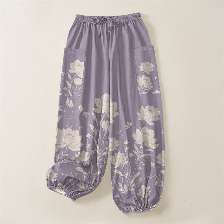 Buddha Stones Pantaloni harem da donna in cotone con motivo vintage a fiori di loto, vita elasticizzata e tasche laterali. - image 3