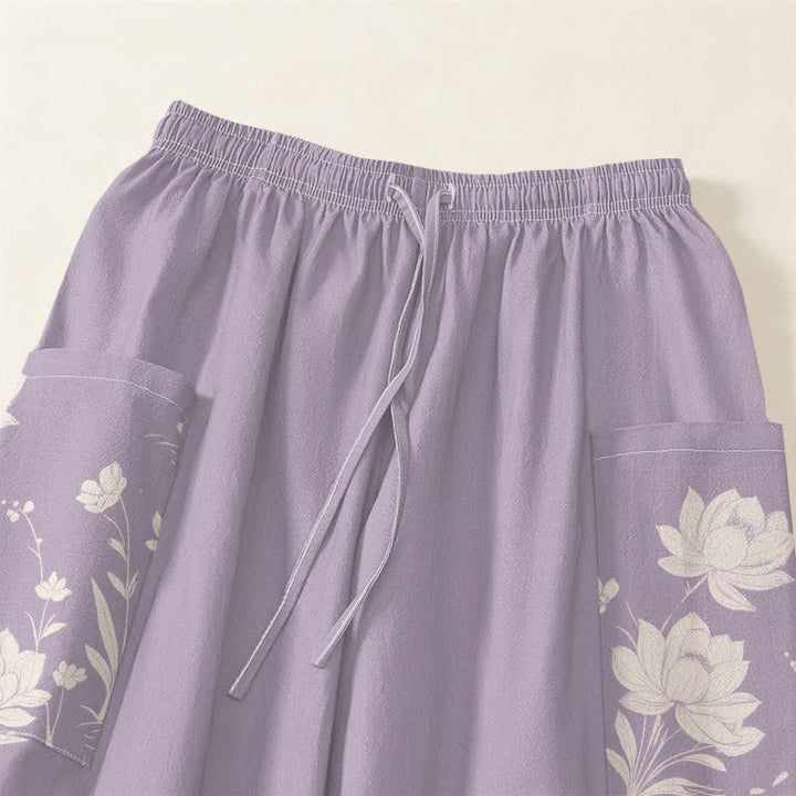 Buddha Stones Pantaloni harem da donna in cotone con motivo vintage a fiori di loto, vita elasticizzata e tasche laterali. - image 5