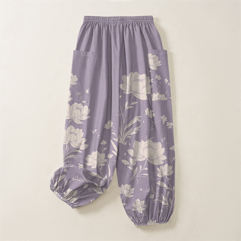 Buddha Stones Pantaloni harem da donna in cotone con motivo vintage a fiori di loto, vita elasticizzata e tasche laterali. - image 4