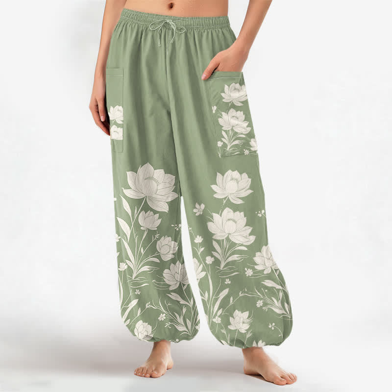 Buddha Stones Pantaloni harem da donna in cotone con motivo vintage a fiori di loto, vita elasticizzata e tasche laterali. - Verde pallido - US16, UK/AU20, EU48 (3XL) - image 7
