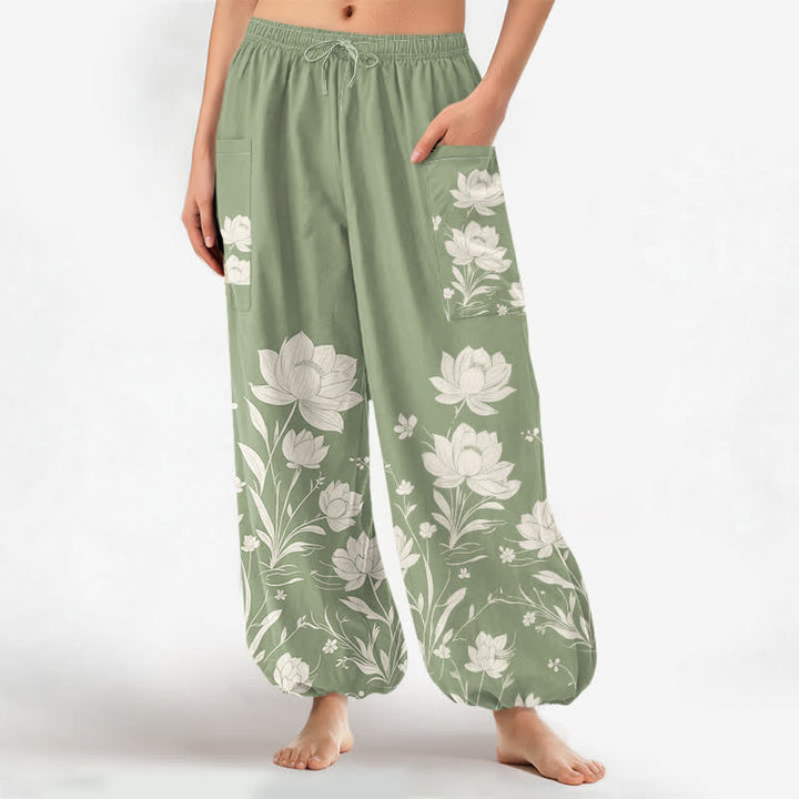 Buddha Stones Pantaloni harem da donna in cotone con motivo vintage a fiori di loto, vita elasticizzata e tasche laterali. - Verde pallido - US16, UK/AU20, EU48 (3XL) - image 7