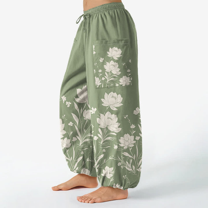 Buddha Stones Pantaloni harem da donna in cotone con motivo vintage a fiori di loto, vita elasticizzata e tasche laterali. - image 8