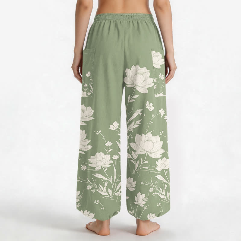 Buddha Stones Pantaloni harem da donna in cotone con motivo vintage a fiori di loto, vita elasticizzata e tasche laterali. - image 9