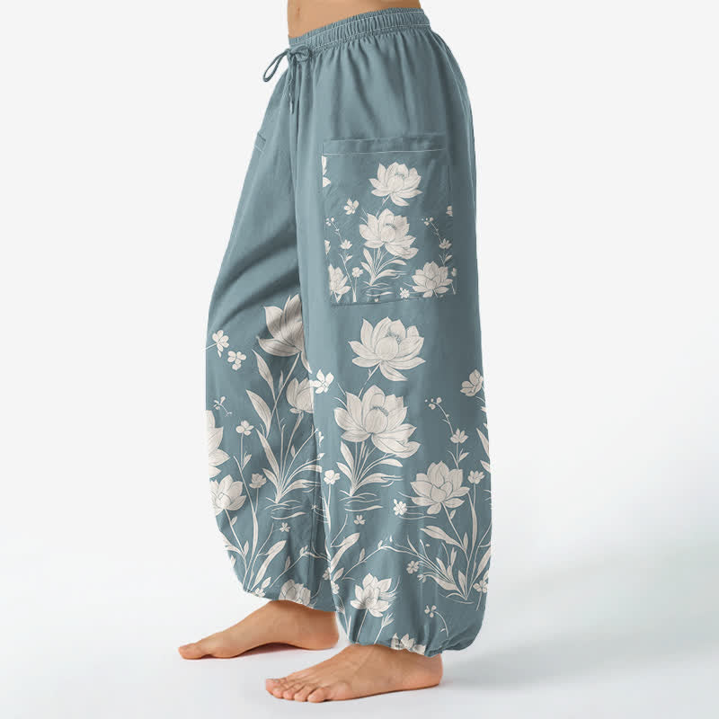Buddha Stones Pantaloni harem da donna in cotone con motivo vintage a fiori di loto, vita elasticizzata e tasche laterali. - image 11