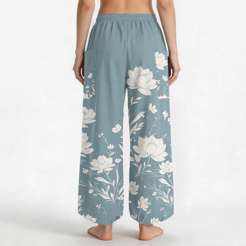 Buddha Stones Pantaloni harem da donna in cotone con motivo vintage a fiori di loto, vita elasticizzata e tasche laterali. - image 12