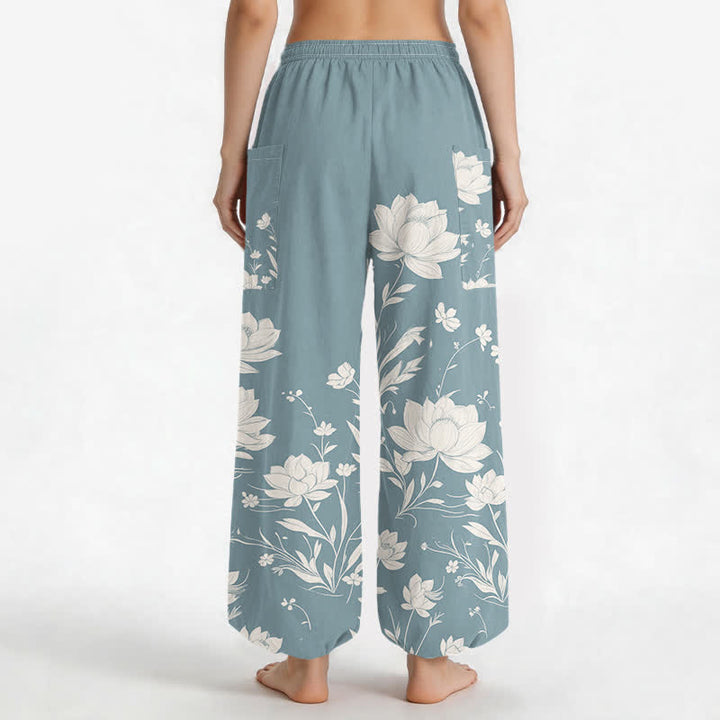 Buddha Stones Pantaloni harem da donna in cotone con motivo vintage a fiori di loto, vita elasticizzata e tasche laterali. - image 12