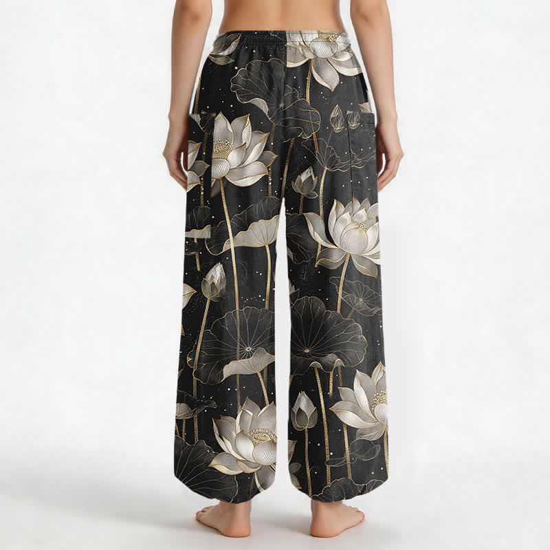Buddha Stones Pantaloni harem da donna in cotone con motivo floreale orientale a loto, vita elasticizzata e tasche laterali. - image 2