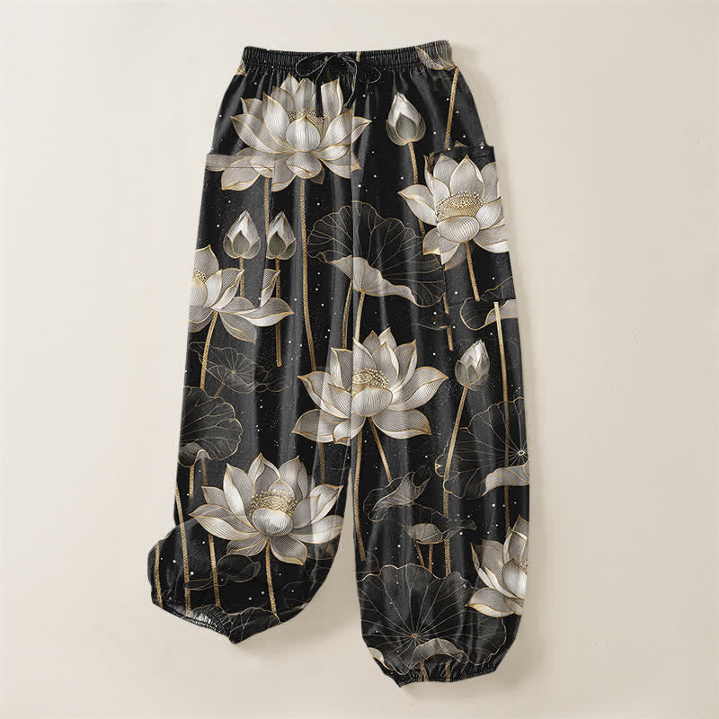 Buddha Stones Pantaloni harem da donna in cotone con motivo floreale orientale a loto, vita elasticizzata e tasche laterali. - image 3