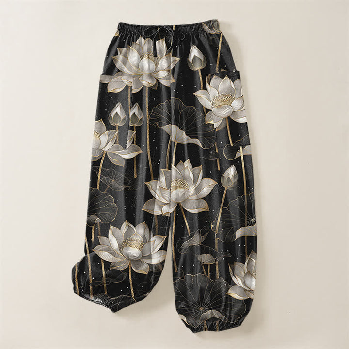 Buddha Stones Pantaloni harem da donna in cotone con motivo floreale orientale a loto, vita elasticizzata e tasche laterali. - image 3
