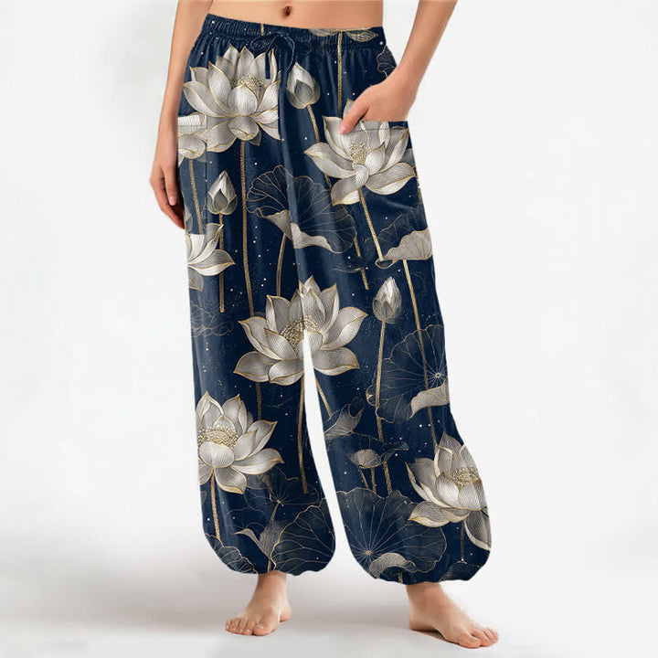 Buddha Stones Pantaloni harem da donna in cotone con motivo floreale orientale a loto, vita elasticizzata e tasche laterali. - Marina - US16, UK/AU20, EU48 (3XL) - image 7