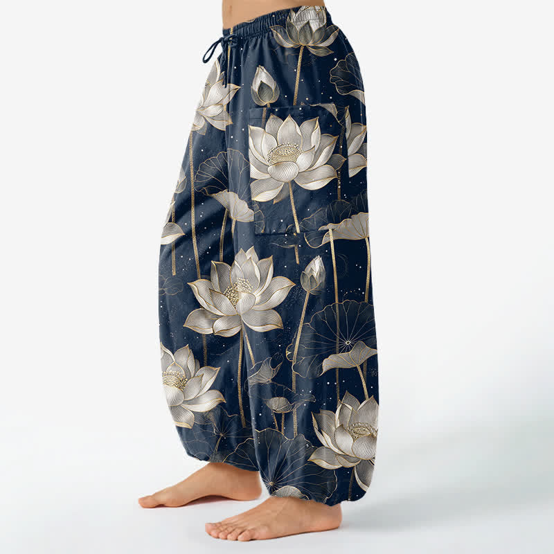 Buddha Stones Pantaloni harem da donna in cotone con motivo floreale orientale a loto, vita elasticizzata e tasche laterali. - image 8