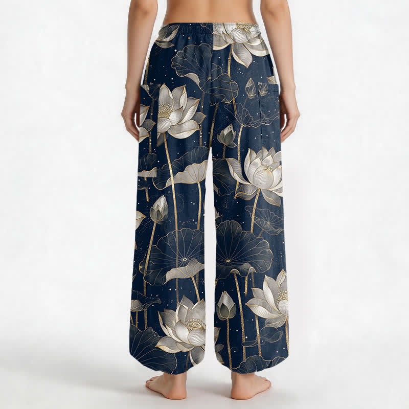 Buddha Stones Pantaloni harem da donna in cotone con motivo floreale orientale a loto, vita elasticizzata e tasche laterali. - image 9