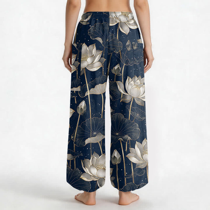 Buddha Stones Pantaloni harem da donna in cotone con motivo floreale orientale a loto, vita elasticizzata e tasche laterali. - image 9