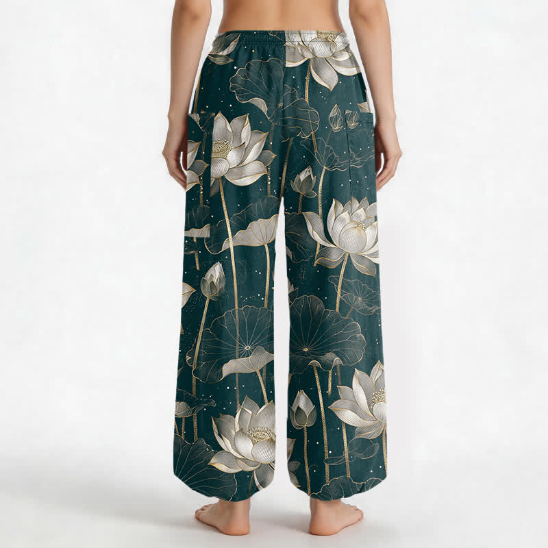 Buddha Stones Pantaloni harem da donna in cotone con motivo floreale orientale a loto, vita elasticizzata e tasche laterali. - image 12