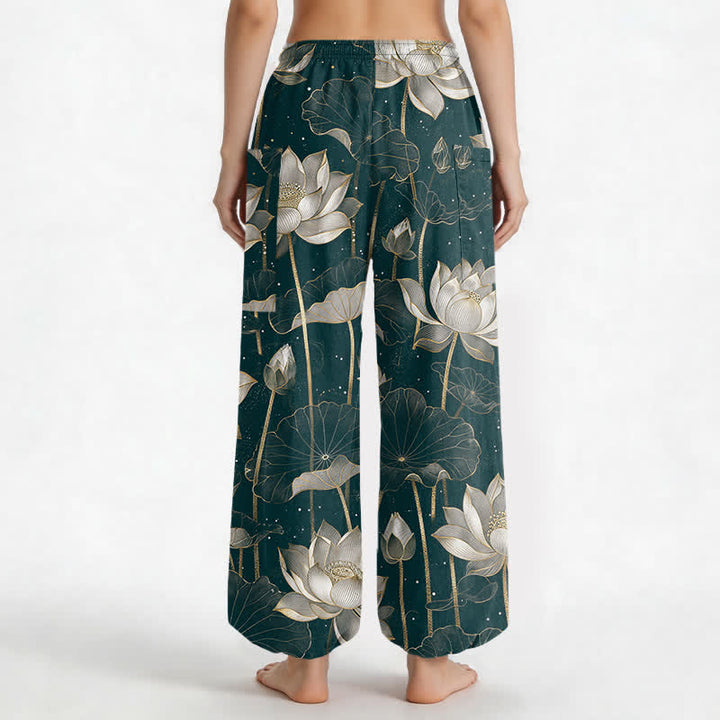 Buddha Stones Pantaloni harem da donna in cotone con motivo floreale orientale a loto, vita elasticizzata e tasche laterali. - image 12