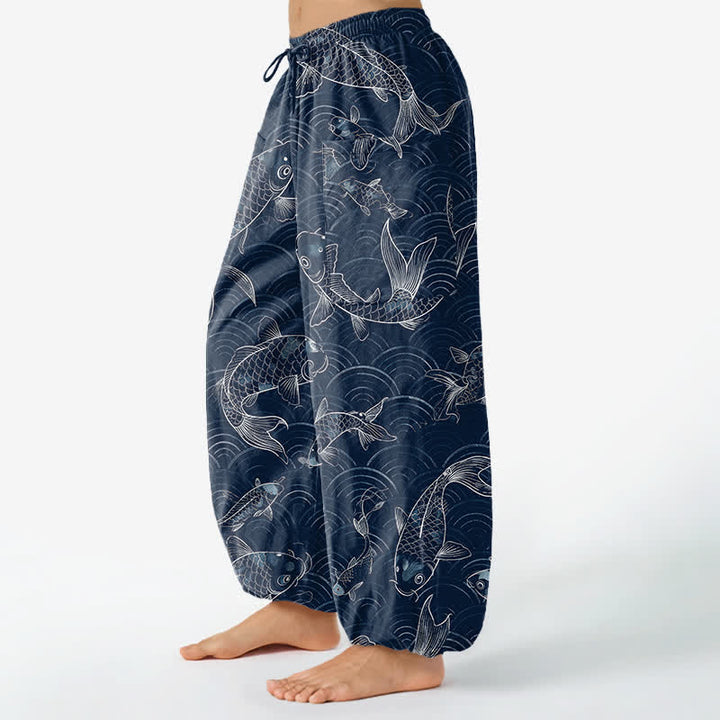 Buddha Stones Pantaloni harem da donna in cotone con motivo a onde Zen Koi e vita elasticizzata, con tasche laterali. - image 1