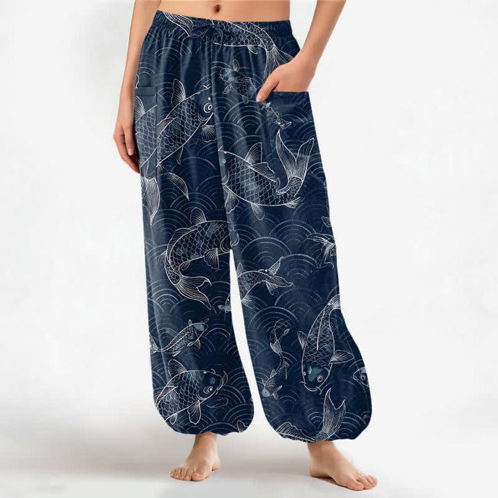 Buddha Stones Pantaloni harem da donna in cotone con motivo a onde Zen Koi e vita elasticizzata, con tasche laterali. - Marina - US16, UK/AU20, EU48 (3XL) - image 0