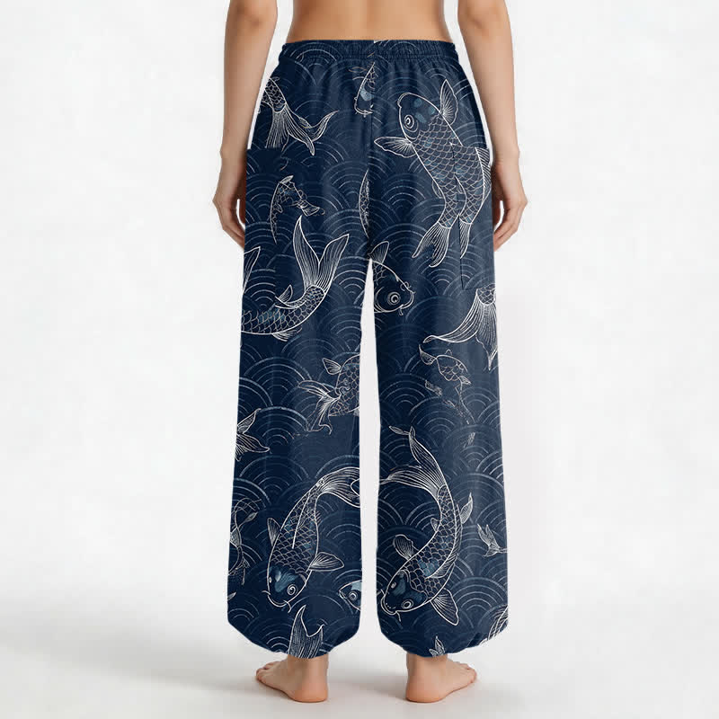 Buddha Stones Pantaloni harem da donna in cotone con motivo a onde Zen Koi e vita elasticizzata, con tasche laterali. - image 2