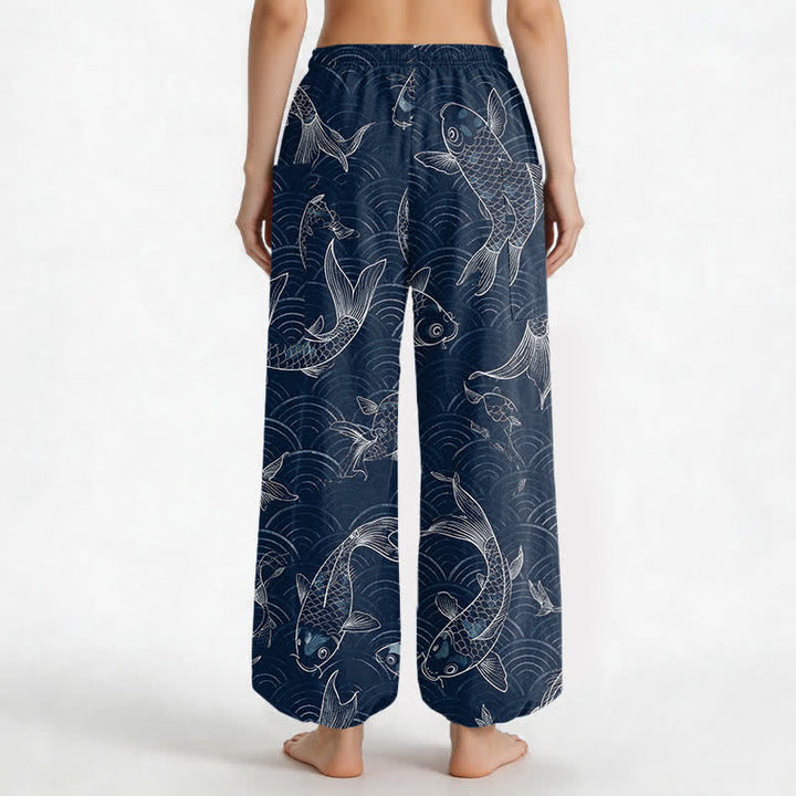 Buddha Stones Pantaloni harem da donna in cotone con motivo a onde Zen Koi e vita elasticizzata, con tasche laterali. - image 2
