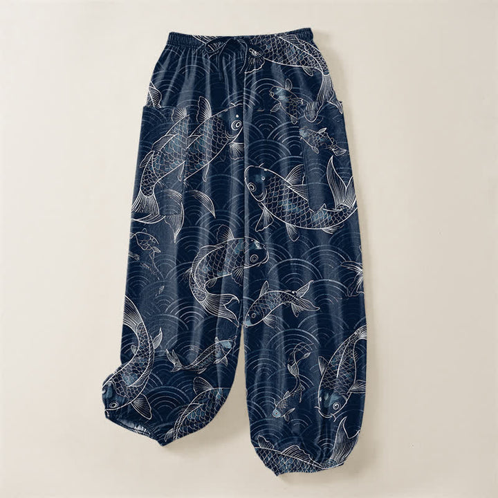 Buddha Stones Pantaloni harem da donna in cotone con motivo a onde Zen Koi e vita elasticizzata, con tasche laterali. - image 3