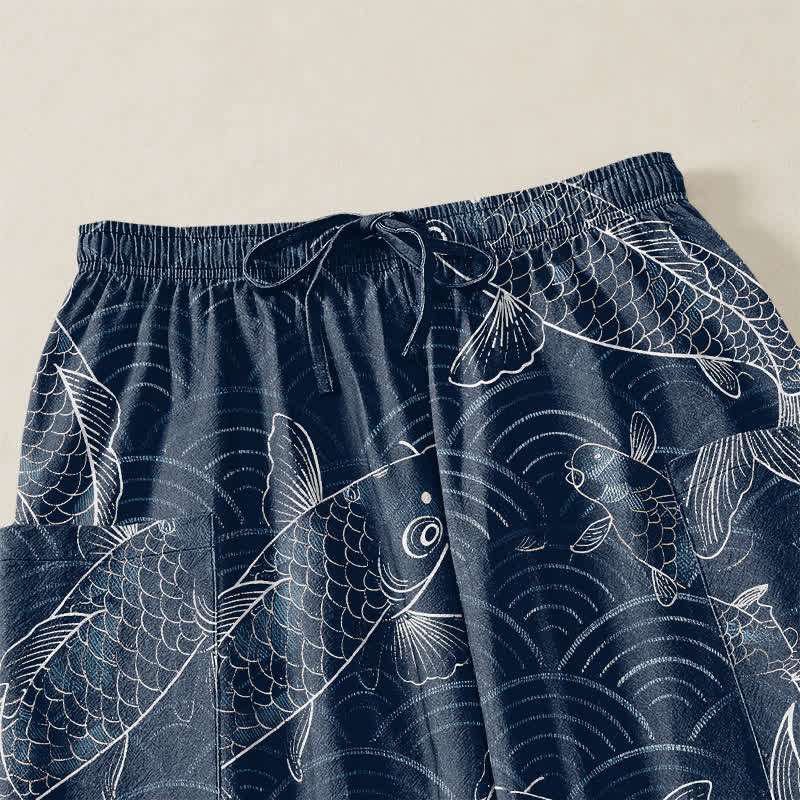 Buddha Stones Pantaloni harem da donna in cotone con motivo a onde Zen Koi e vita elasticizzata, con tasche laterali. - image 5