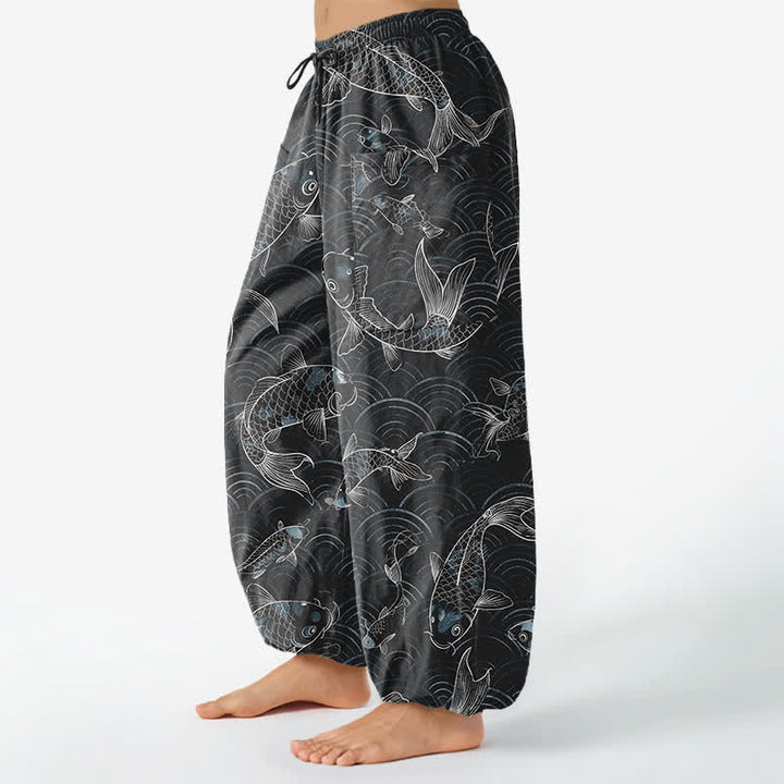 Buddha Stones Pantaloni harem da donna in cotone con motivo a onde Zen Koi e vita elasticizzata, con tasche laterali. - image 8