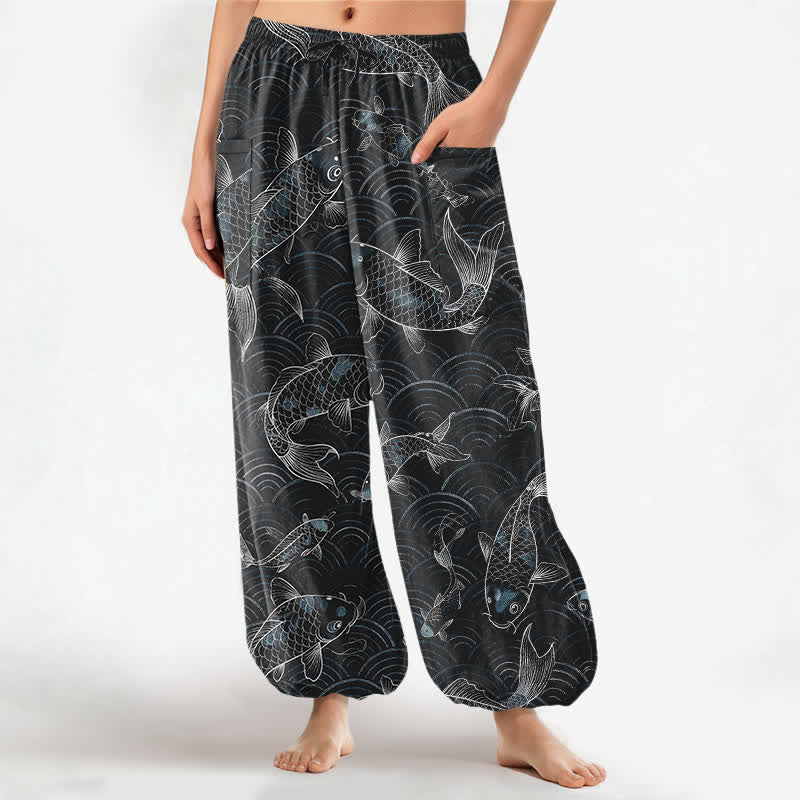 Buddha Stones Pantaloni harem da donna in cotone con motivo a onde Zen Koi e vita elasticizzata, con tasche laterali. - Nero - US16, UK/AU20, EU48 (3XL) - image 7