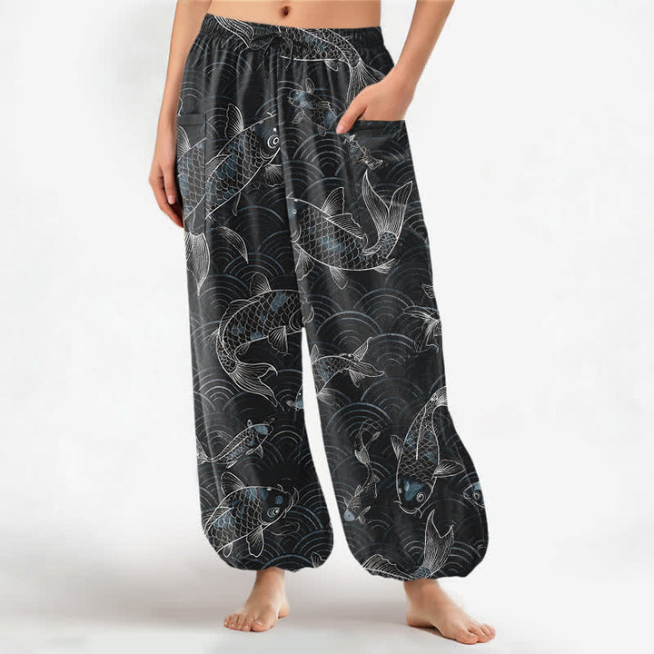 Buddha Stones Pantaloni harem da donna in cotone con motivo a onde Zen Koi e vita elasticizzata, con tasche laterali. - Nero - US16, UK/AU20, EU48 (3XL) - image 7