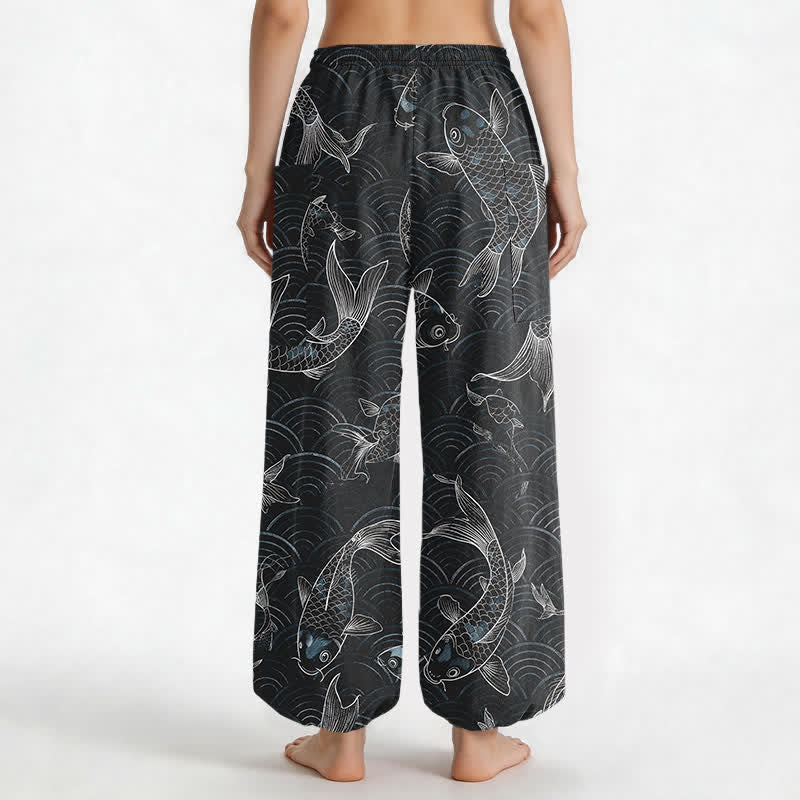 Buddha Stones Pantaloni harem da donna in cotone con motivo a onde Zen Koi e vita elasticizzata, con tasche laterali. - image 9