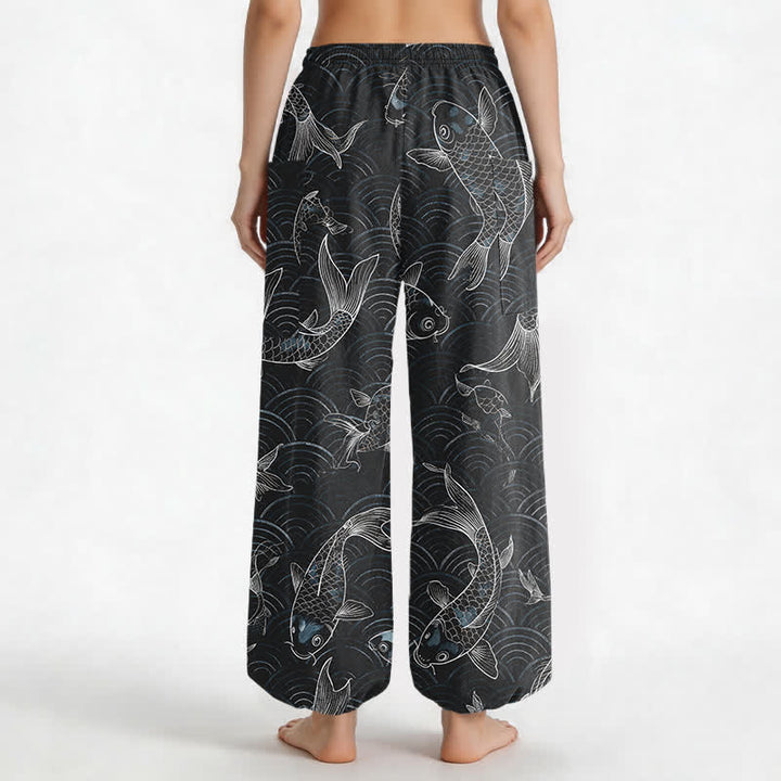 Buddha Stones Pantaloni harem da donna in cotone con motivo a onde Zen Koi e vita elasticizzata, con tasche laterali. - image 9