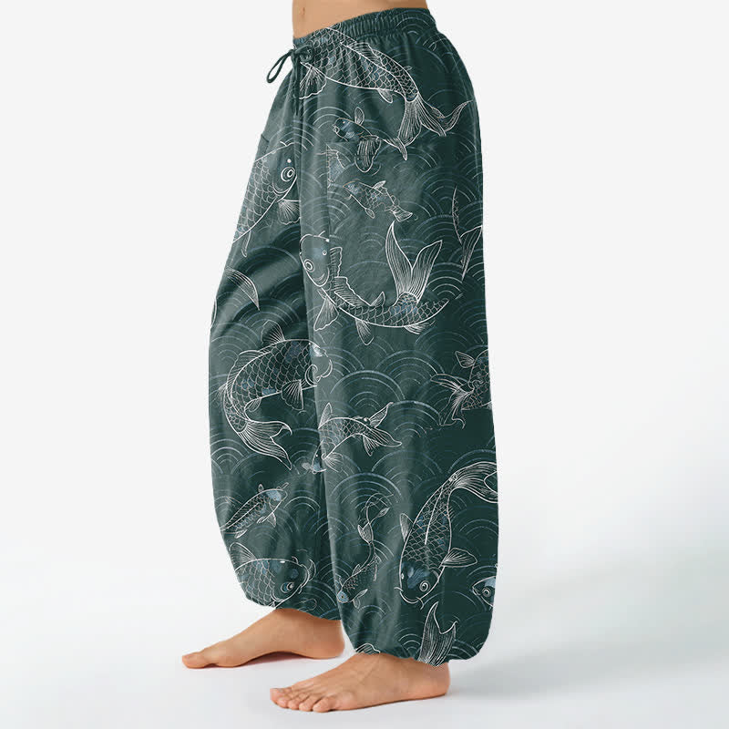 Buddha Stones Pantaloni harem da donna in cotone con motivo a onde Zen Koi e vita elasticizzata, con tasche laterali. - image 11