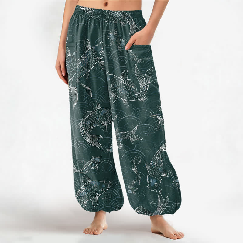 Buddha Stones Pantaloni harem da donna in cotone con motivo a onde Zen Koi e vita elasticizzata, con tasche laterali. - Verde acqua - US16, UK/AU20, EU48 (3XL) - image 10