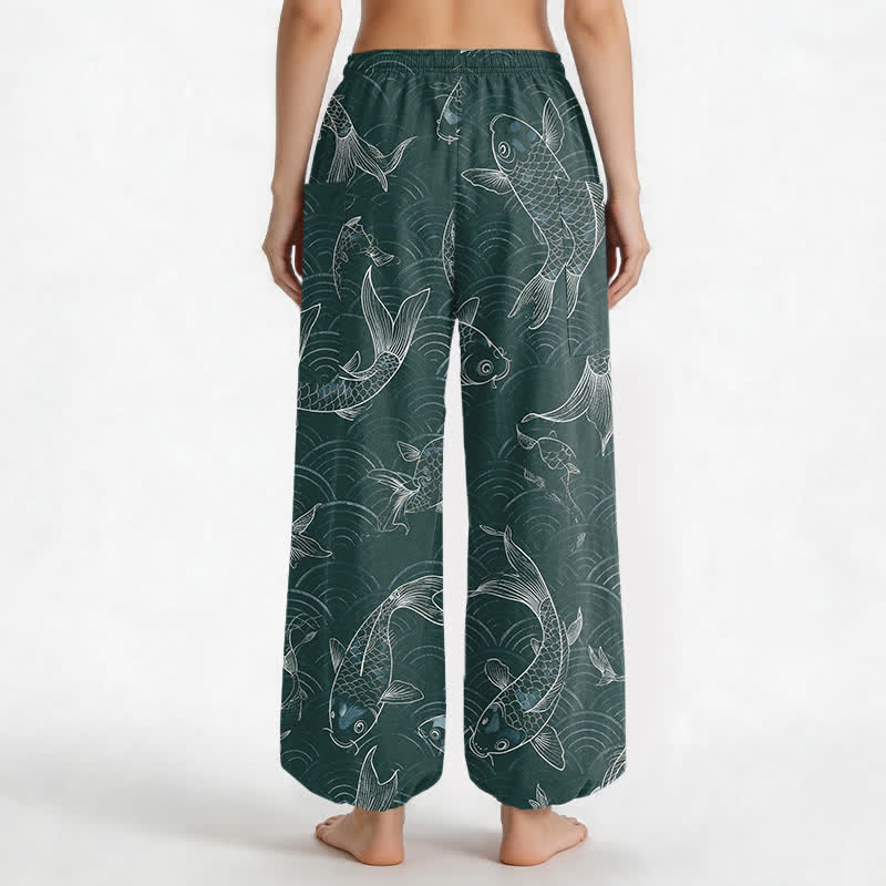 Buddha Stones Pantaloni harem da donna in cotone con motivo a onde Zen Koi e vita elasticizzata, con tasche laterali. - image 12
