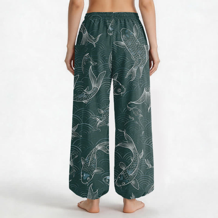 Buddha Stones Pantaloni harem da donna in cotone con motivo a onde Zen Koi e vita elasticizzata, con tasche laterali. - image 12
