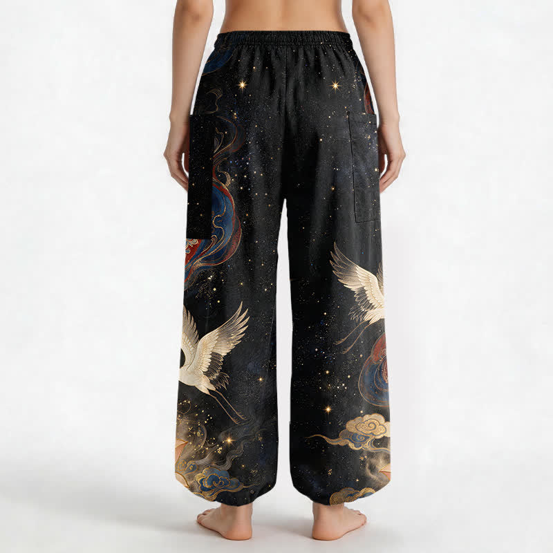 Buddha Stones Pantaloni harem da donna in cotone con elastico in vita e motivo ornamentale di gru e loto, con tasche laterali. - image 2