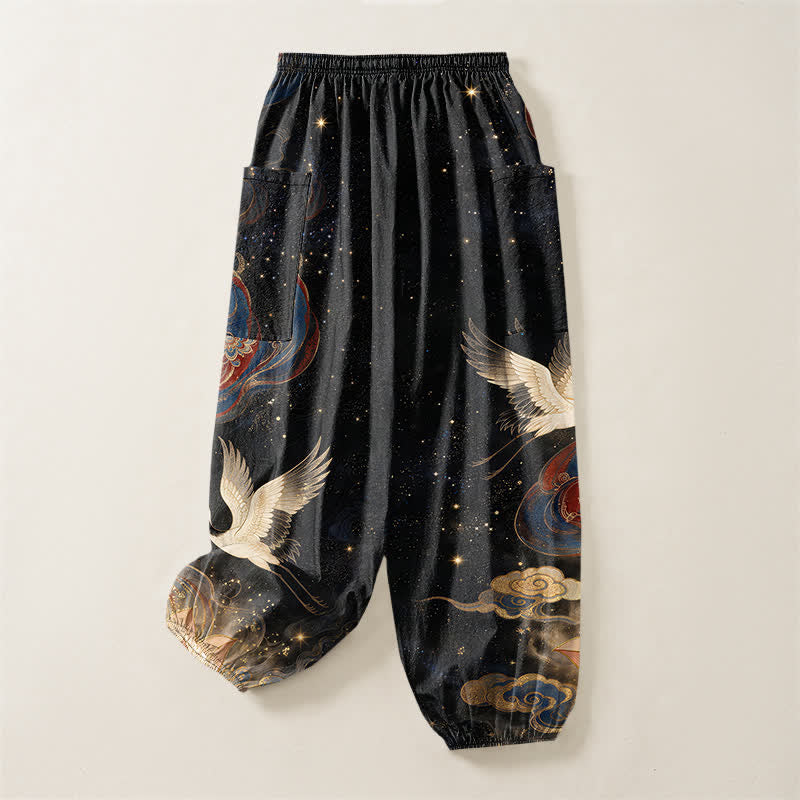 Buddha Stones Pantaloni harem da donna in cotone con elastico in vita e motivo ornamentale di gru e loto, con tasche laterali. - image 4