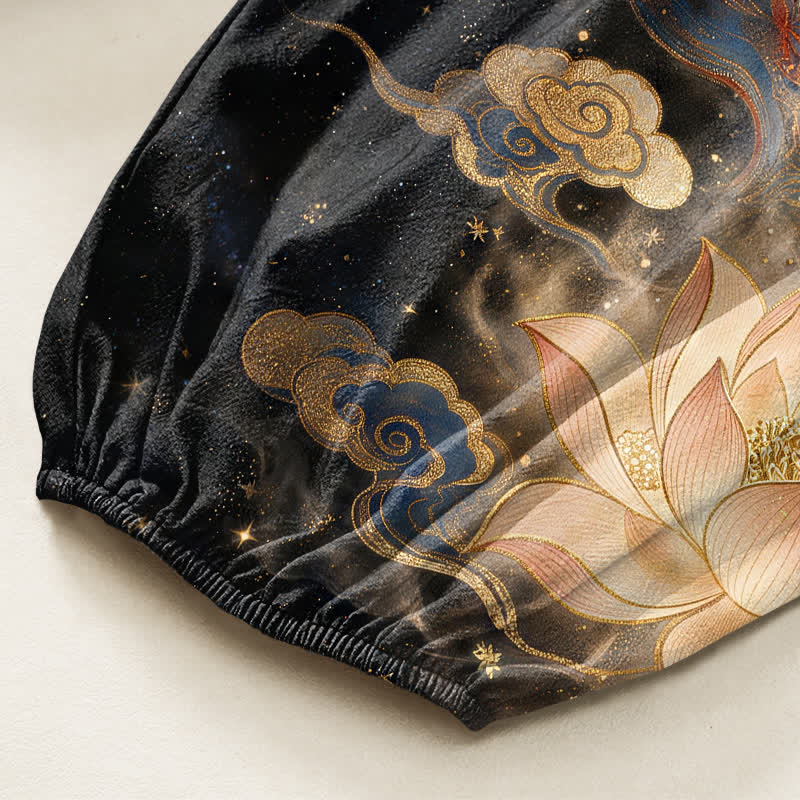 Buddha Stones Pantaloni harem da donna in cotone con elastico in vita e motivo ornamentale di gru e loto, con tasche laterali. - image 6