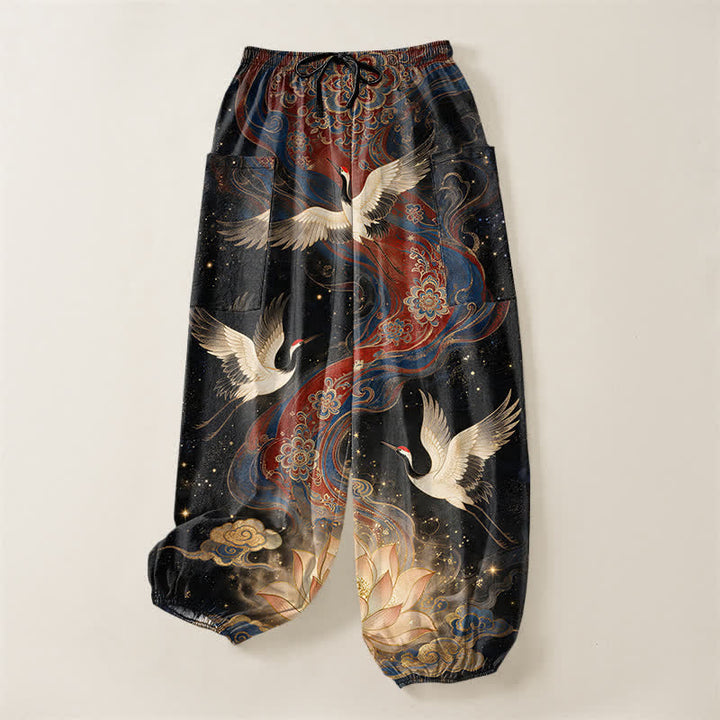 Buddha Stones Pantaloni harem da donna in cotone con elastico in vita e motivo ornamentale di gru e loto, con tasche laterali. - image 3