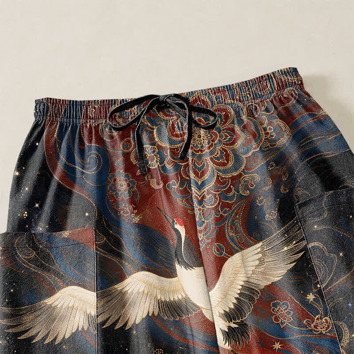 Buddha Stones Pantaloni harem da donna in cotone con elastico in vita e motivo ornamentale di gru e loto, con tasche laterali. - image 5
