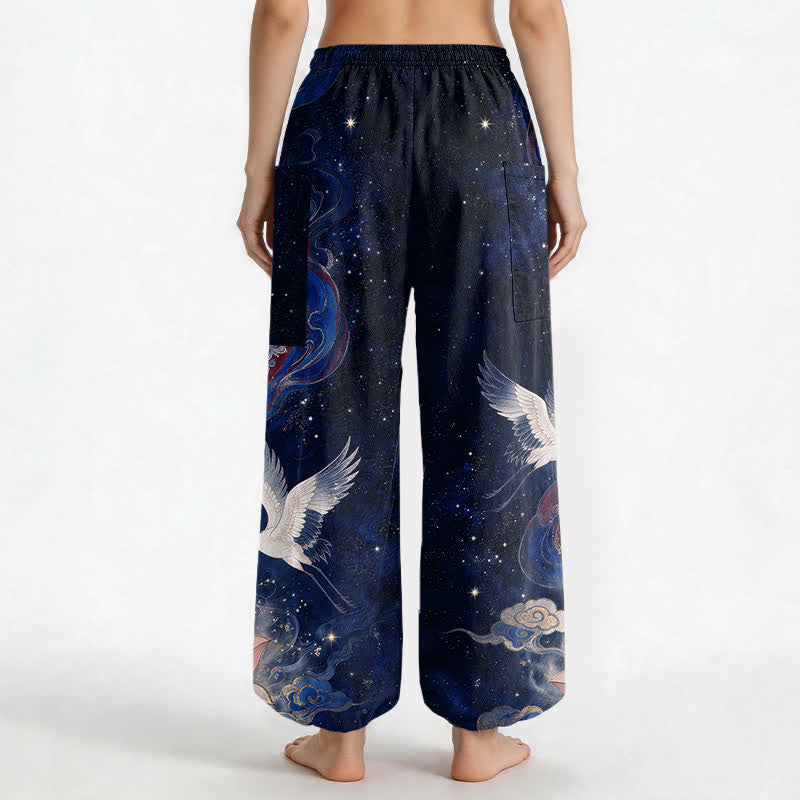 Buddha Stones Pantaloni harem da donna in cotone con elastico in vita e motivo ornamentale di gru e loto, con tasche laterali. - image 9