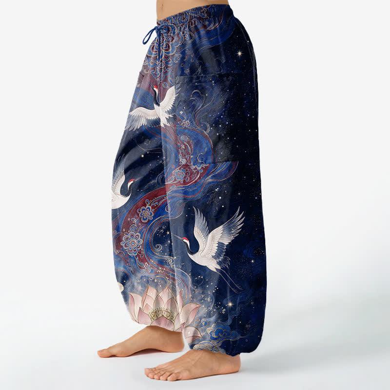Buddha Stones Pantaloni harem da donna in cotone con elastico in vita e motivo ornamentale di gru e loto, con tasche laterali. - image 8
