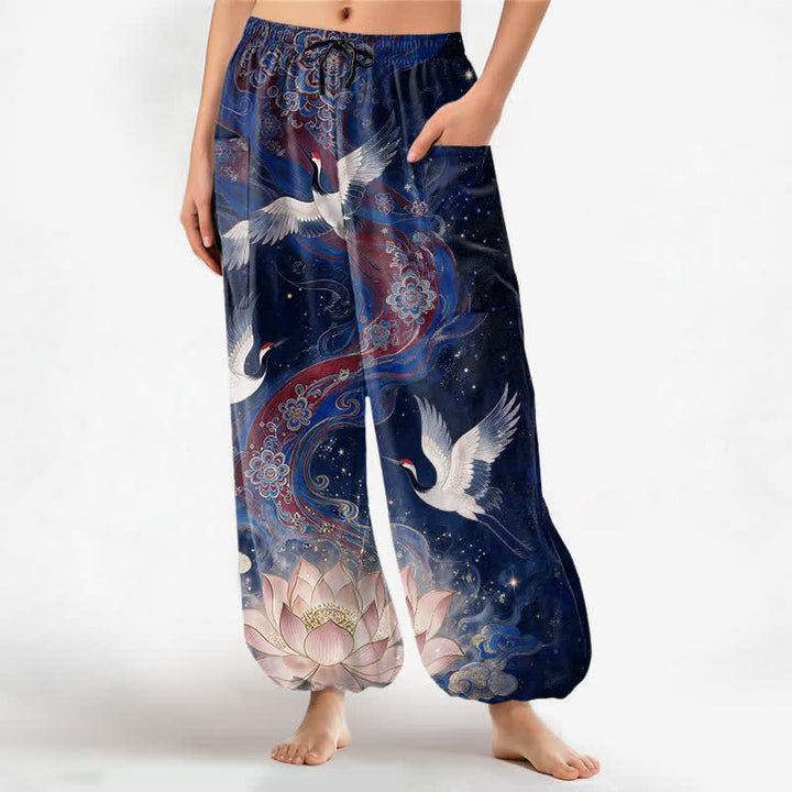Buddha Stones Pantaloni harem da donna in cotone con elastico in vita e motivo ornamentale di gru e loto, con tasche laterali. - Marina - US16, UK/AU20, EU48 (3XL) - image 7