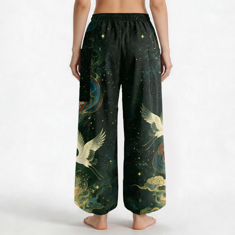 Buddha Stones Pantaloni harem da donna in cotone con elastico in vita e motivo ornamentale di gru e loto, con tasche laterali. - image 12