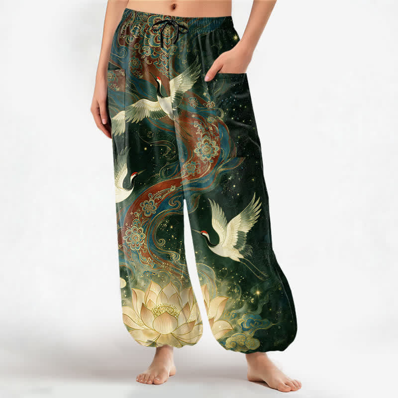 Buddha Stones Pantaloni harem da donna in cotone con elastico in vita e motivo ornamentale di gru e loto, con tasche laterali. - Verde scuro - US16, UK/AU20, EU48 (3XL) - image 10