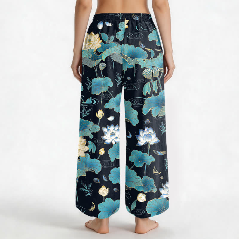 Buddha Stones Pantaloni harem da donna in cotone con motivo a foglie di loto e vita elasticizzata, con tasche laterali. - image 2