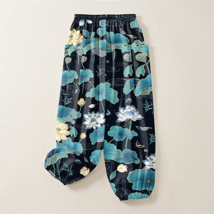 Buddha Stones Pantaloni harem da donna in cotone con motivo a foglie di loto e vita elasticizzata, con tasche laterali. - image 4