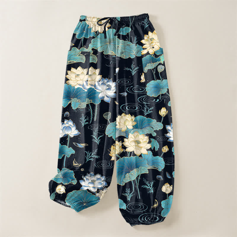 Buddha Stones Pantaloni harem da donna in cotone con motivo a foglie di loto e vita elasticizzata, con tasche laterali. - image 3